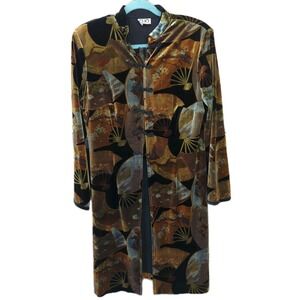 Vtg Clio L Velvet Burnout Kimono Jacket Japanese Fan Boho Hi Slit Frog Closure